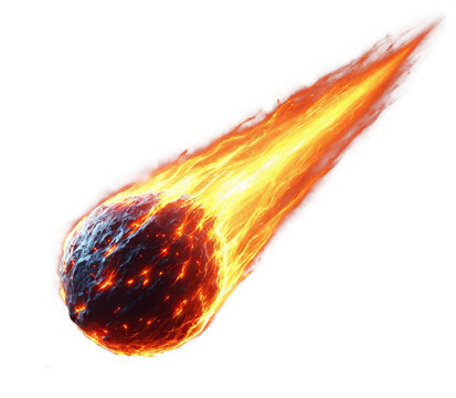 A glowing meteor with a tail of red-hot flames, isolated background, transparent PNG