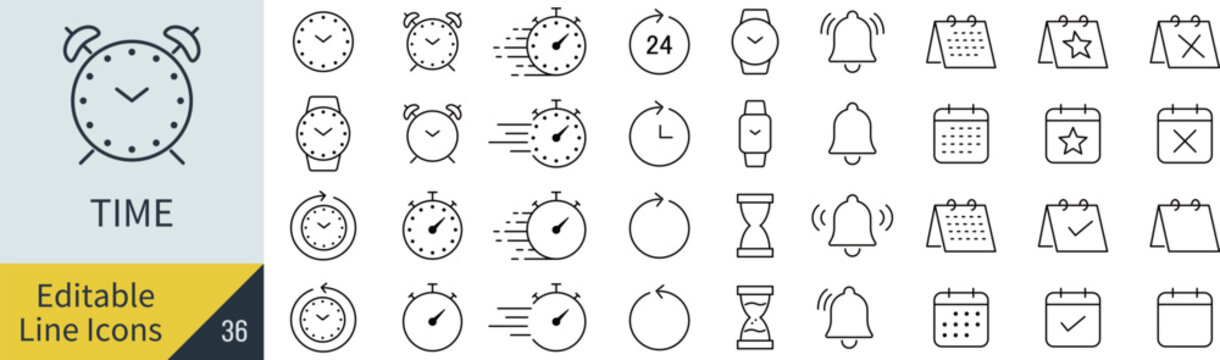 線の編集ができるベクターの時間の線画アイコンセット（アウトライン化していない）