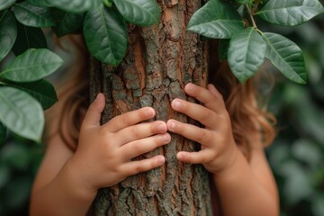 Small child's hands gently embracing the rough texture of a tree trunk surrounded by vibrant green...