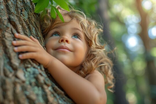 A curly-haired child gazes upward, lightly grasping a tree amid lush green leaves, an image of wonder and natural beauty