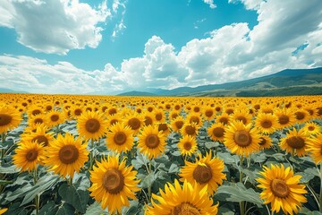 Fototapeta premium A stunning wide-angle shot of numerous sunflowers in full bloom sprawling under a vivid blue sky with fluffy white clouds, showcasing nature's beauty