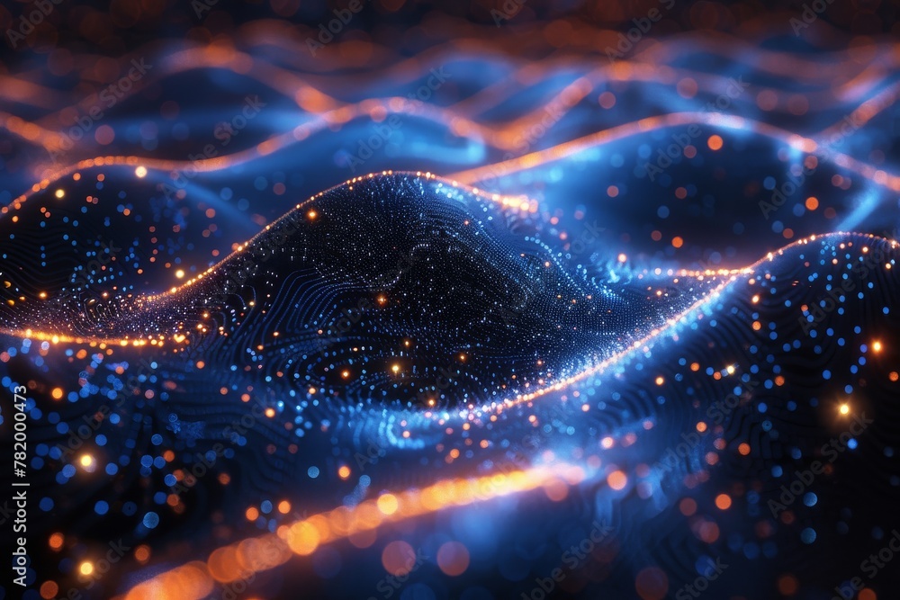 Poster a visually compelling image featuring dynamic blue digital waves interspersed with sparkling particl
