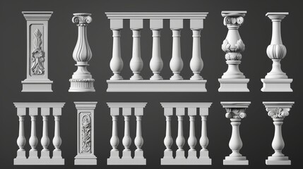 Set of modern realistic 3D white stones, marbles, and pillars of a classic ancient fence for balconies, terraces, and parapets.
