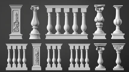 Deurstickers Set of modern realistic 3D white stones, marbles, and pillars of a classic ancient fence for balconies, terraces, and parapets. © Mark