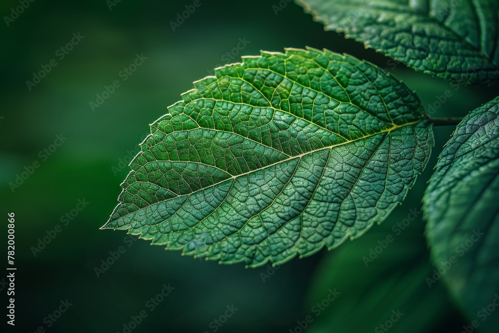 Poster a close, high-def view that showcases the complex texture and pattern of a green leaf