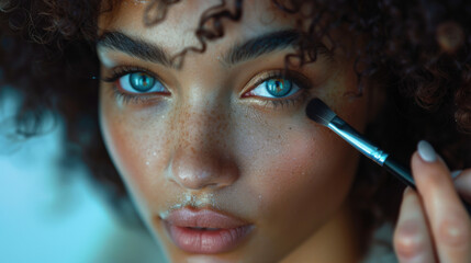 Obraz premium Make-up artist applying powder with a brush on model's cheeks, selective focus on model looking at camera.