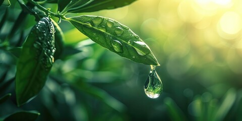 Macro Shot of Dewdrop Clinging to Verdant Leaf Edge with Bokeh Background