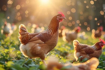 Foto op Plexiglas A single chicken prominently stands in a field, basking in the warm glow of the golden hour sunlight © Larisa AI