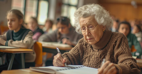 A photo of an older woman in casual sitting at her desk, teaching students in the background who have their own desks and notes in front of them