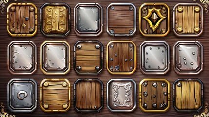 Decorative wooden buttons in gold and silver frames for game user interface design. Modern cartoon set of blank rectangle buttons with golden borders in medieval style.