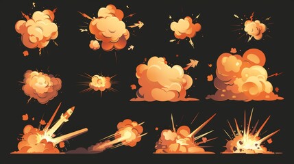 An animation sprite sheet of a bomb explosion sequence. Modern 2D cartoon illustration of dynamite blast, fire explosion and explosion of a rocket. - obrazy, fototapety, plakaty