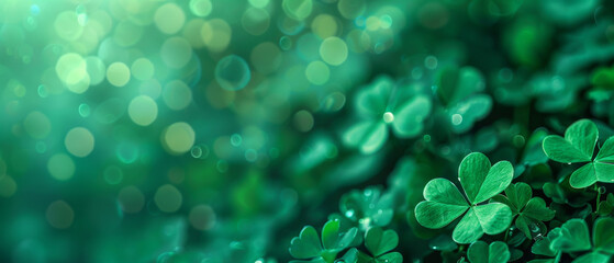 Clover Leaves Glittering with Morning Dew, A lush carpet of green clover leaves glistens with dew under the soft morning light, evoking a fresh and serene ambiance. - obrazy, fototapety, plakaty
