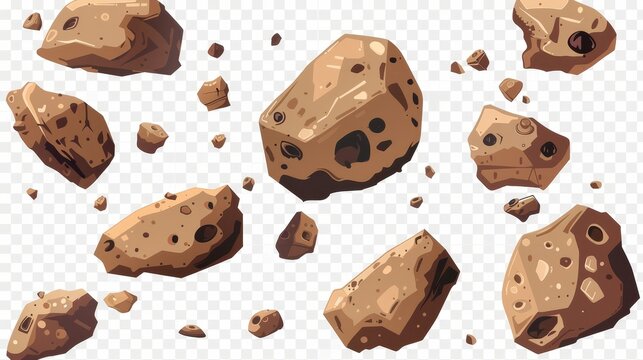 Meteor, space boulder, rock with craters flying in weightlessness isolated icon set on transparent background, various forms.