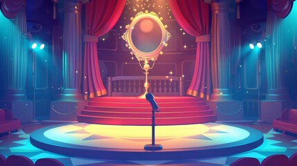 With microphones, stairs, red curtains, spotlights, illumination, and decor. Cartoon background, amusement stand or music concert area, podium for artists.