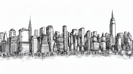 Hand drawing of modern city skyline in black and white