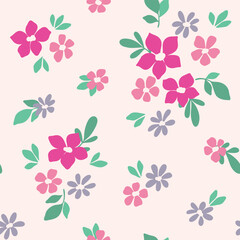Seamless floral pattern, liberty ditsy print, cute abstract flower ornament in folk motif. Pretty botanical design: small hand drawn flowers, tiny leaves, simple bouquets on white. Vector illustration