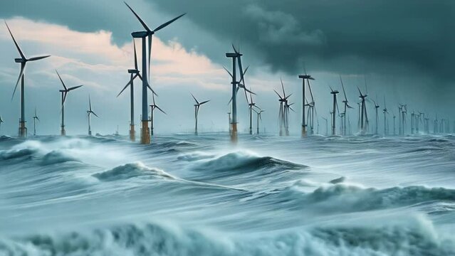 A large body of water with many wind turbines in the background, wind farm in ocean.