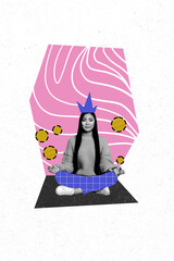 Trend artwork sketch image photo collage of black white silhouette young active lady keep calm sit lotus pose meditate asana yoga