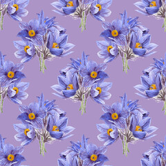 Seamless pattern of watercolour dream grass flowers bouquet. Hand drawn illustration. Botanical hand painted floral elements on violet background. For print decoration, fabric, wrapping, wallpaper