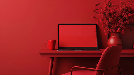 Mock up laptop screen over red background, designer chair