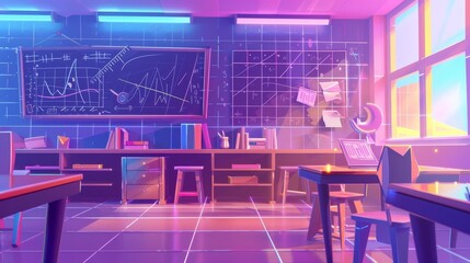 Interior of geometry classroom with teacher table, desks for students, blackboard with geometrical tasks and rulers, textbook cupboard, studying posters, cartoon modern illustration - obrazy, fototapety, plakaty