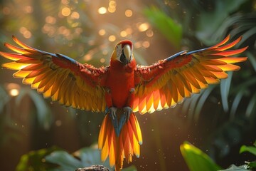 A stunning Scarlet Macaw captured mid-flight, displaying its vivid red, yellow, and blue plumage against a bokeh background