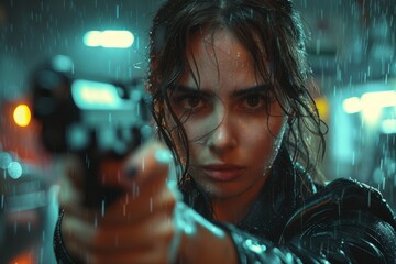 Captivating portrait of focused woman with wet hair and intense gaze, aiming a handgun amidst rainy, neon-lit backdrop