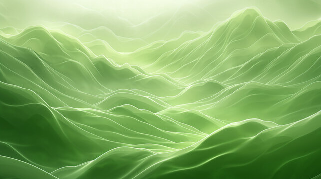Vector art wave 3D background in kiwi jelly green shade with glowing mist in the lowlands and highlights on the peaks