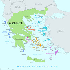 Islands of Greece, political map. Greek islands groups and clusters. The Cyclades, Dodecanese, Sporades, North Aegean and Saronic Islands lying in the Aegean Sea, the Ionian Islands in the Ionian Sea.