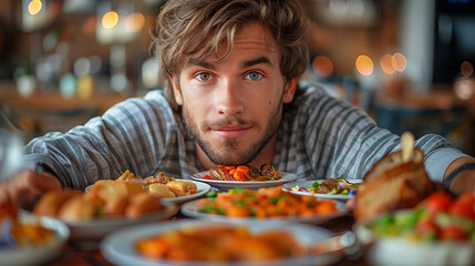 A man is sitting of a table full of food. He is smiling and looking at the food. There is a plate of food in front of him, he looks at the plate, reaches out with his hands, wants to eat everything