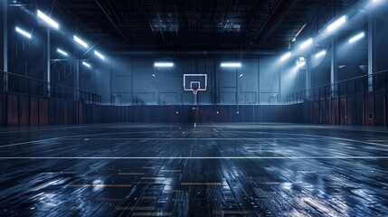 An empty basketball court serves as the backdrop, its polished wooden surface gleaming under the lights, with boundary lines crisply painted in contrasting colors, creating an inviting space for play  - obrazy, fototapety, plakaty