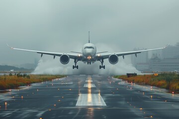 A commercial airplane making a landing on a wet runway with glowing lights and a hazy background