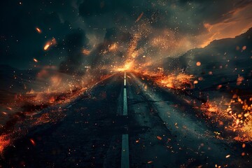 An asphalt road in the middle of a desolate wasteland, illuminated by fiery flames and sparks, digital art - obrazy, fototapety, plakaty