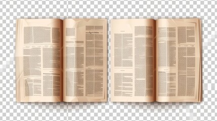 A daily newspaper, paper press, with a headline, article, and picture frame. Slices of a journal, magazine, tabloid, or gazette on a transparent background, modern illustration.