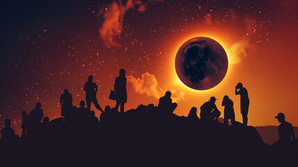 A group of people are gathered on a hillside to watch the sun set. sky is orange and the sun is setting behind the horizon. People witnessing total solar eclipse in sky. Concept of people and space - obrazy, fototapety, plakaty