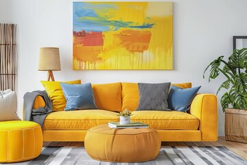 Cheerful and happy living room featuring colorful abstract art on the wall, interior design mockup, digital illustration