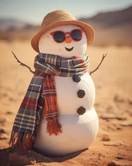 Fotobehang Snowman wearing sunglasses in the hot desert. Ai generative © ArtmediaworX
