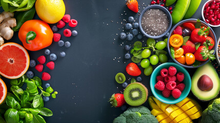 colorful assortment of fruits and vegetables on a black background. Concept of freshness and health, as well as the abundance of nature's bounty. header for theory, practice in personalized Nutrition
