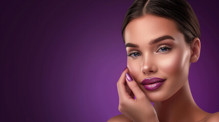 A woman with a beautiful face is smiling and looking at the camera. The image has a purple background and the woman's face is the main focus. beautiful woman skin care lifestyles, purple background