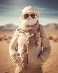 Deurstickers Snowman wearing sunglasses in the hot desert. Ai generative © ArtmediaworX