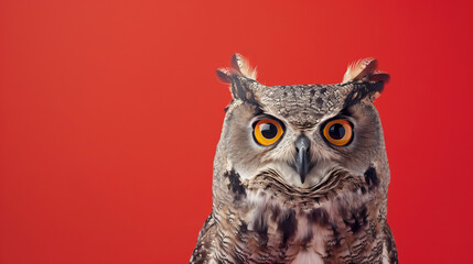 Studio portrait of surprised owl, isolated on red background with copy space