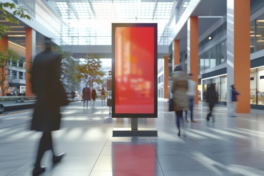 Customizable digital signage screen displaying dynamic content in a bustling public space, 3D render