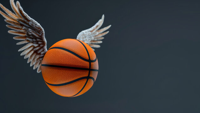 A basketball with angelic wings attached, floating against a dark background.