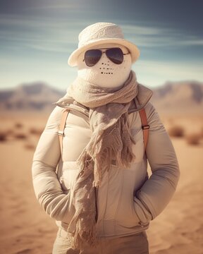 Snowman wearing sunglasses in the hot desert. Ai generative