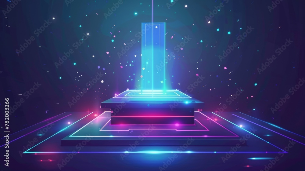 Poster future portals, hologram teleports, a time-travel booth, and a virtual reality projector with colorf
