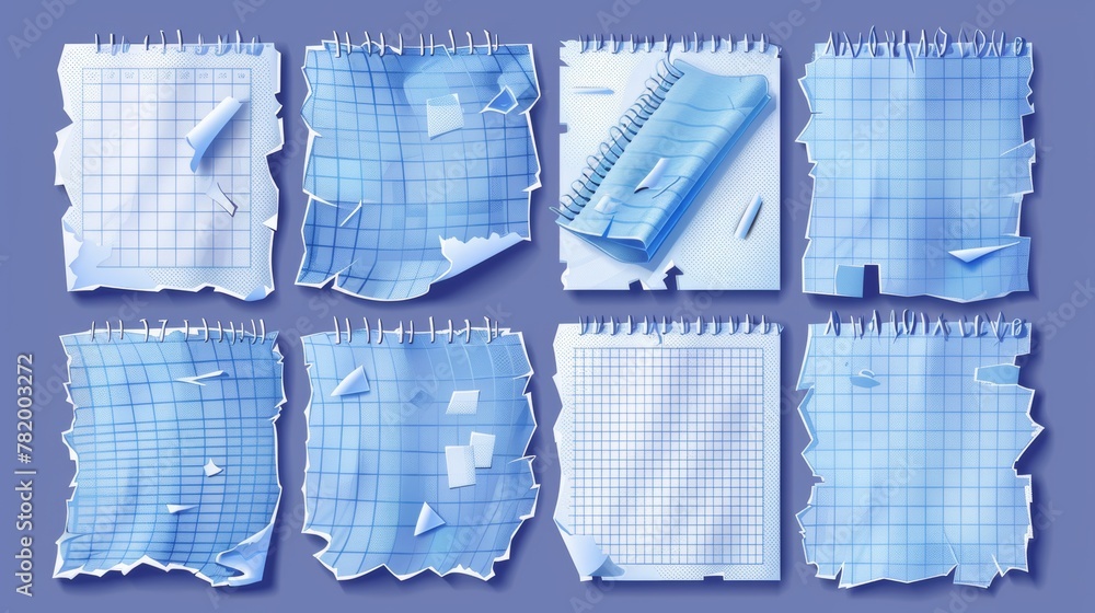 Aufkleber torn notebook pages with square grids, ripped paper scraps, and striped patterns. old blank notebook