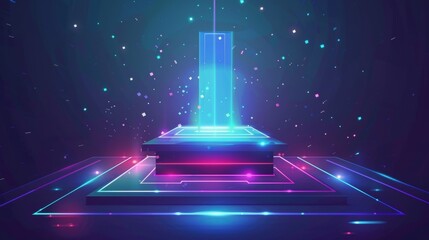 Future portals, hologram teleports, a time-travel booth, and a virtual reality projector with colorful light beams. A 3D rendering of a futuristic HUD style GUI. - obrazy, fototapety, plakaty