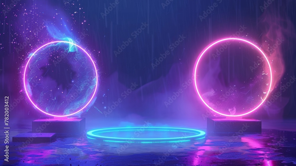 Poster magic circle and square podiums, teleport platforms with colored light beams and sparkles, futuristi