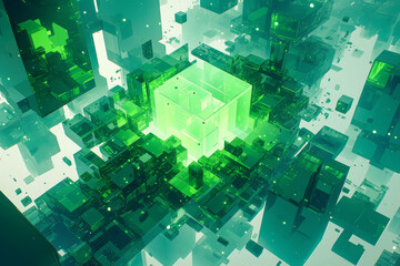 Obraz premium 3D Rendering of abstract digital technology block structure. Rendering of abstract city block foundation. Motion texture in cubic form. AI Generative. 