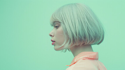 Woman with platinum bob haircut in profile view. Studio portrait with pastel green background. Minimalism and simplicity concept. Design for fashion editorial, poster, and hairstyle branding
